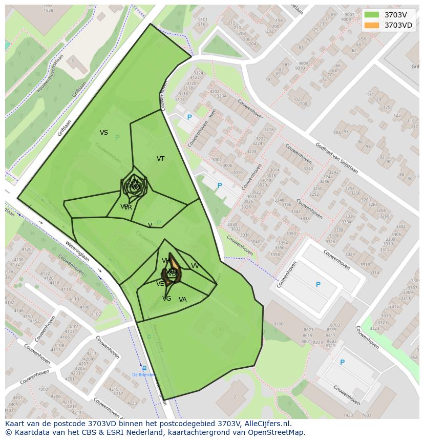 Afbeelding van het postcodegebied 3703 VD op de kaart.