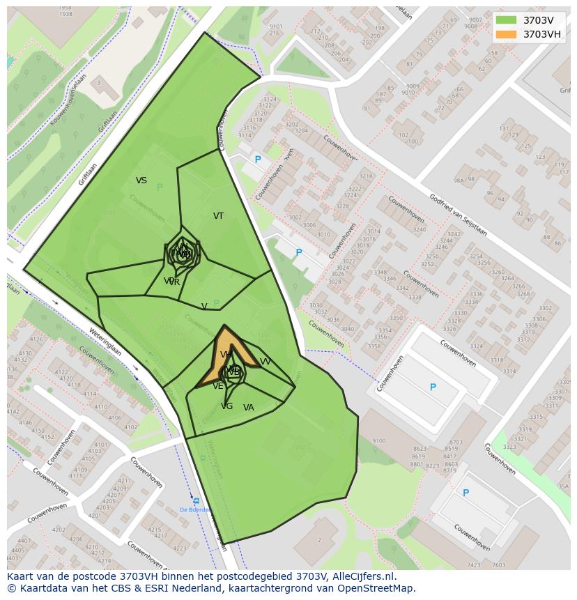 Afbeelding van het postcodegebied 3703 VH op de kaart.