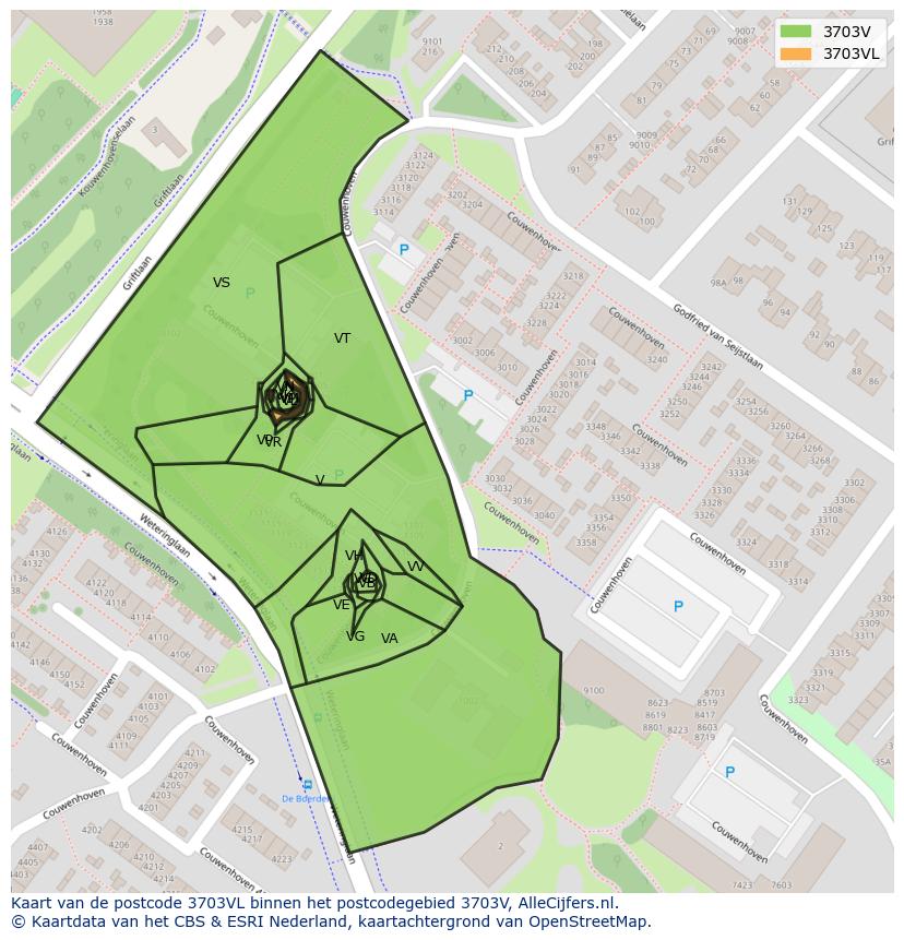 Afbeelding van het postcodegebied 3703 VL op de kaart.