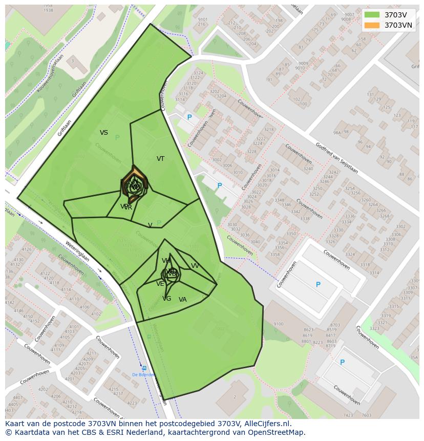 Afbeelding van het postcodegebied 3703 VN op de kaart.