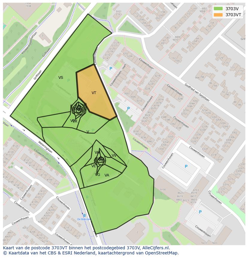 Afbeelding van het postcodegebied 3703 VT op de kaart.
