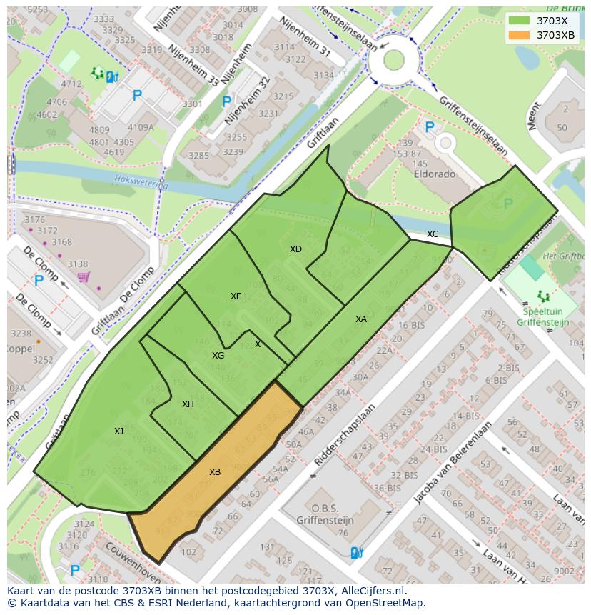 Afbeelding van het postcodegebied 3703 XB op de kaart.