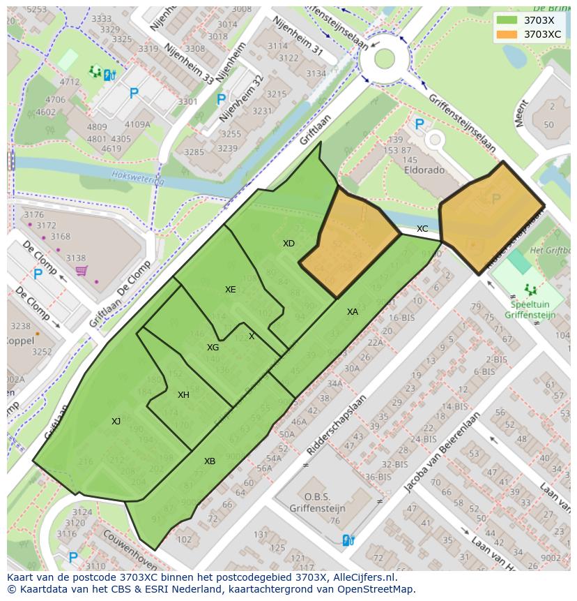 Afbeelding van het postcodegebied 3703 XC op de kaart.