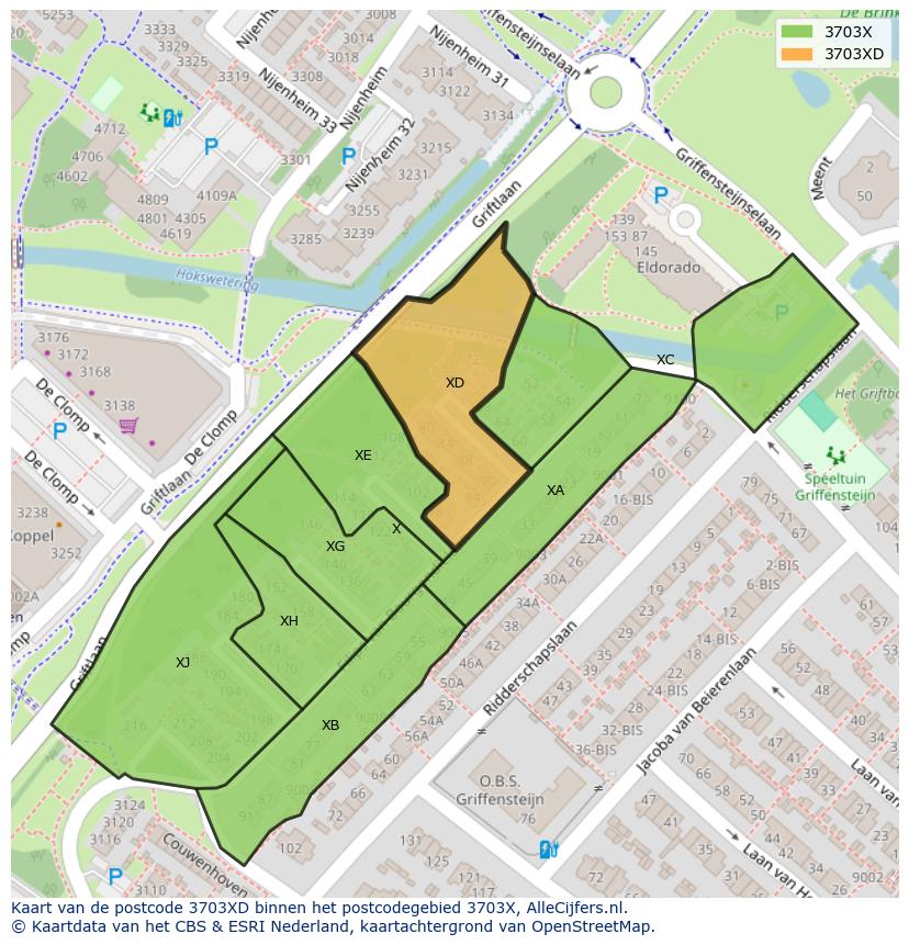 Afbeelding van het postcodegebied 3703 XD op de kaart.