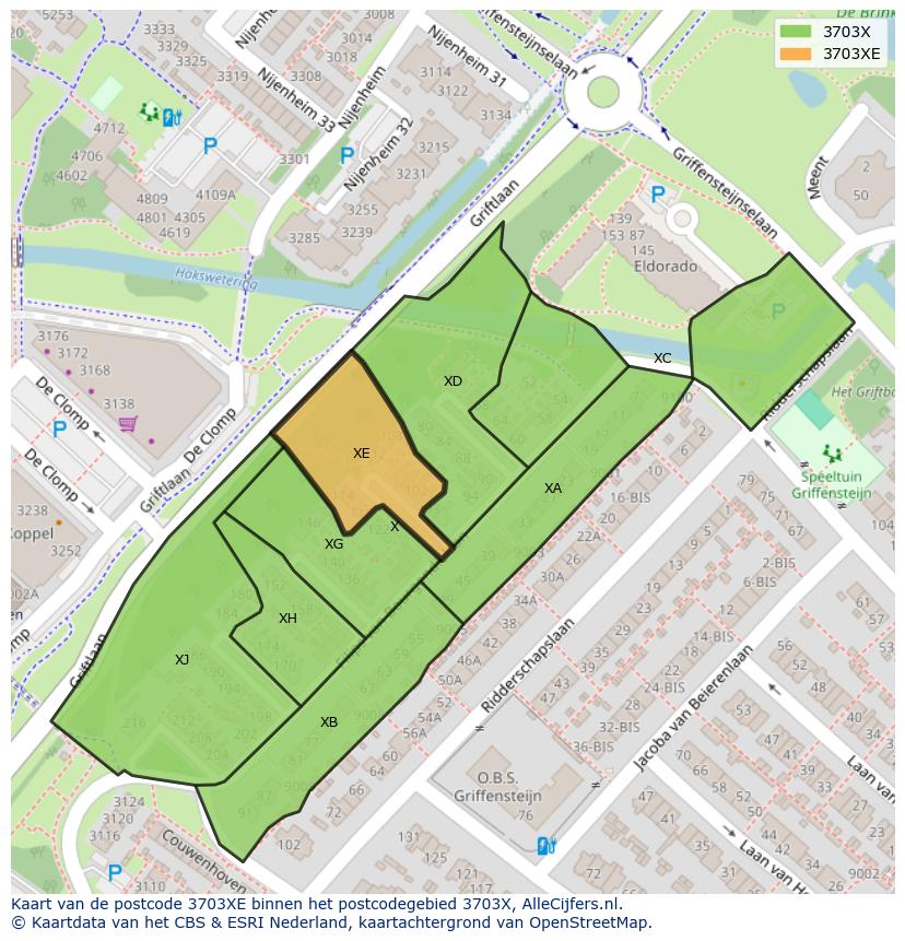 Afbeelding van het postcodegebied 3703 XE op de kaart.