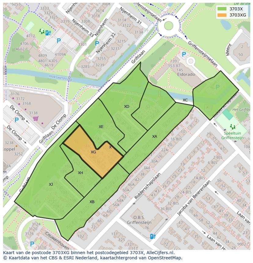 Afbeelding van het postcodegebied 3703 XG op de kaart.