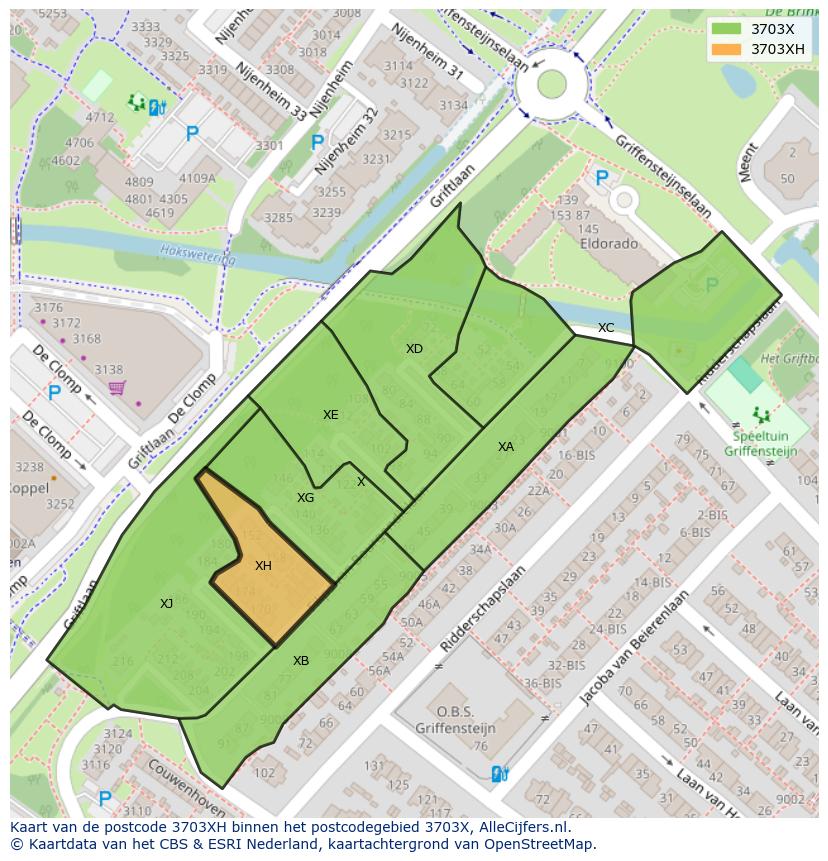 Afbeelding van het postcodegebied 3703 XH op de kaart.