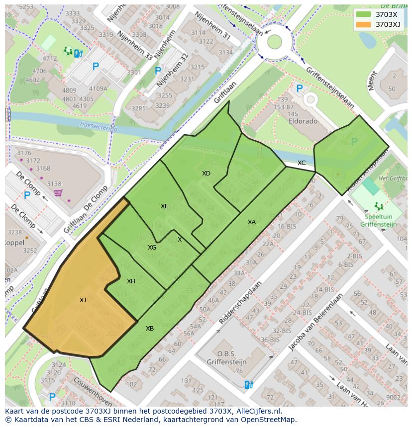 Afbeelding van het postcodegebied 3703 XJ op de kaart.
