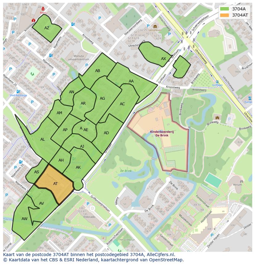 Afbeelding van het postcodegebied 3704 AT op de kaart.