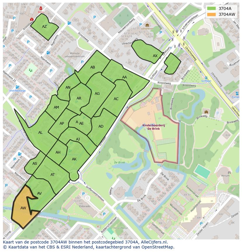 Afbeelding van het postcodegebied 3704 AW op de kaart.