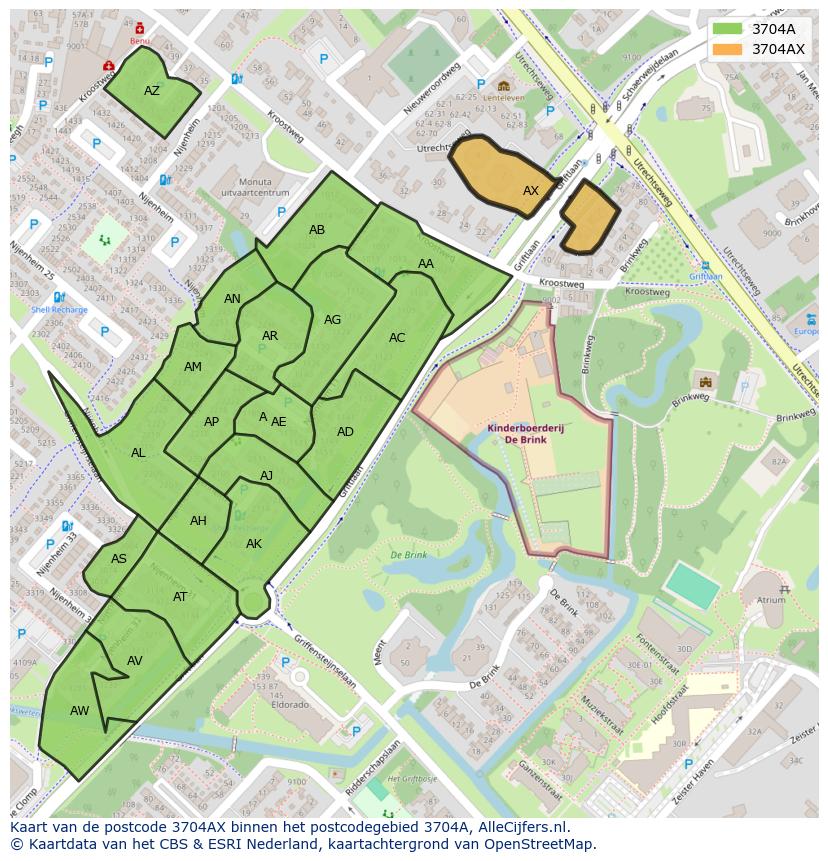 Afbeelding van het postcodegebied 3704 AX op de kaart.