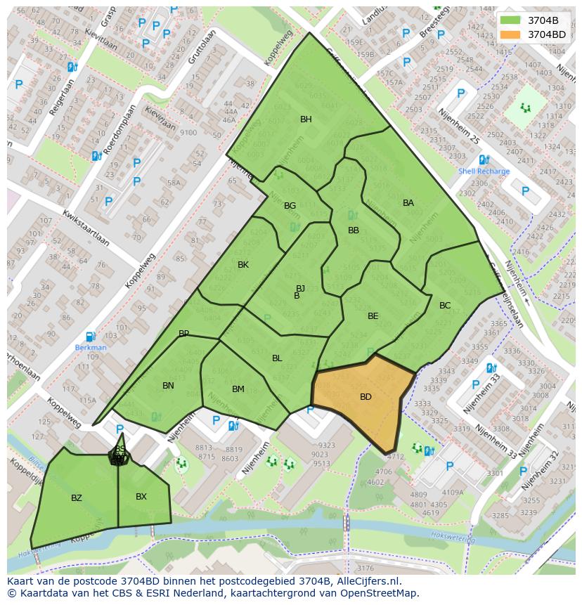 Afbeelding van het postcodegebied 3704 BD op de kaart.
