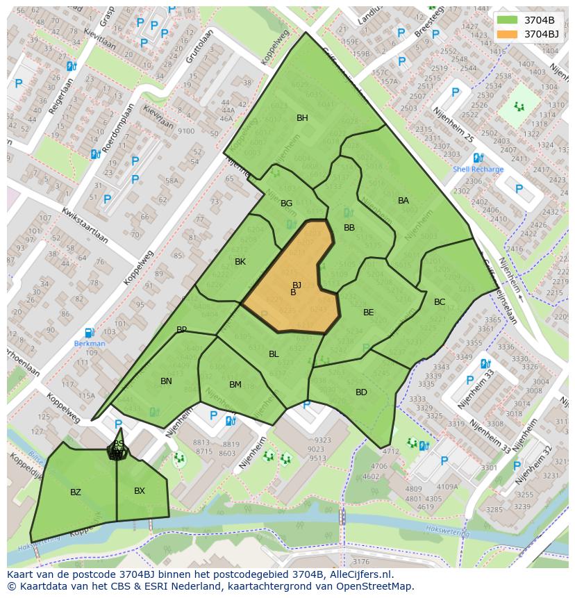 Afbeelding van het postcodegebied 3704 BJ op de kaart.