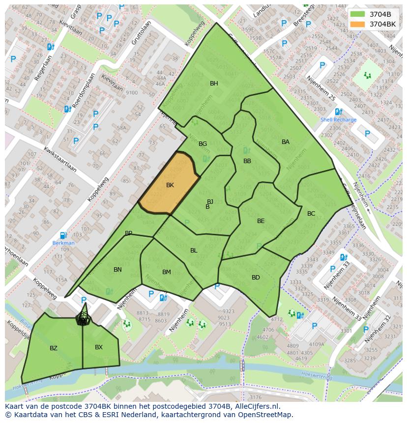 Afbeelding van het postcodegebied 3704 BK op de kaart.