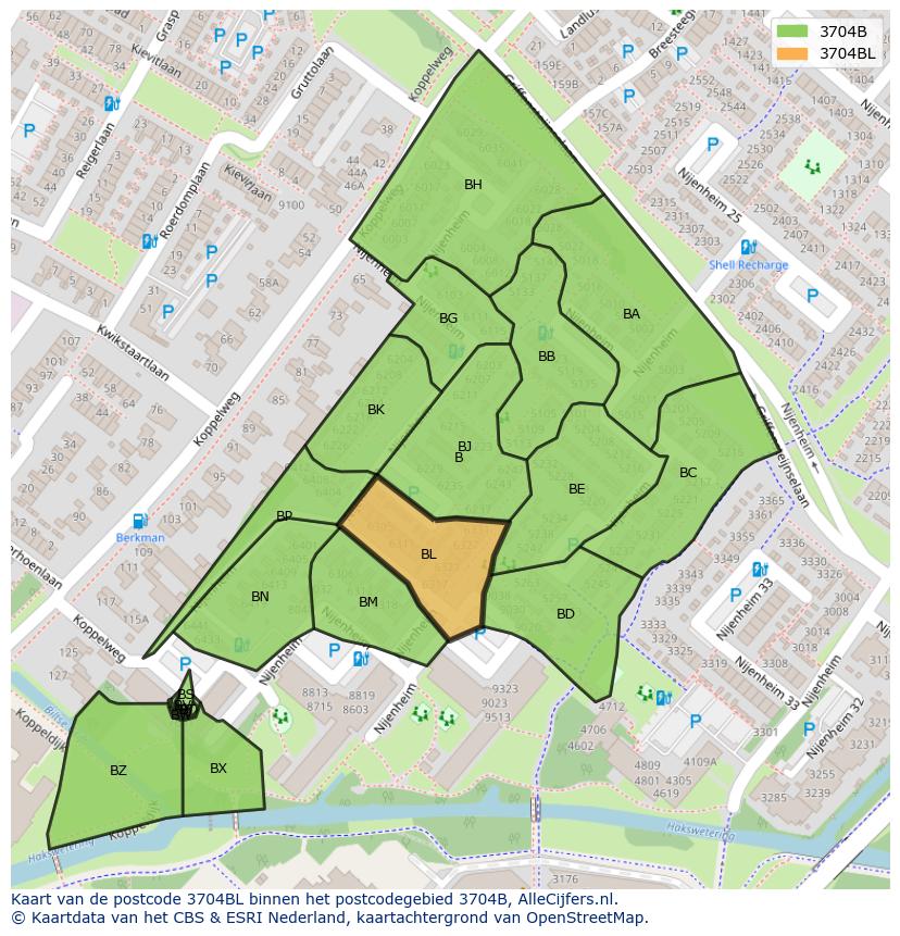 Afbeelding van het postcodegebied 3704 BL op de kaart.