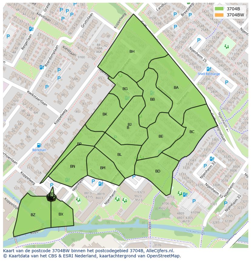 Afbeelding van het postcodegebied 3704 BW op de kaart.