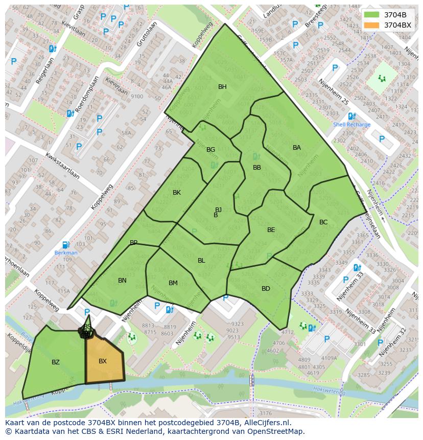 Afbeelding van het postcodegebied 3704 BX op de kaart.