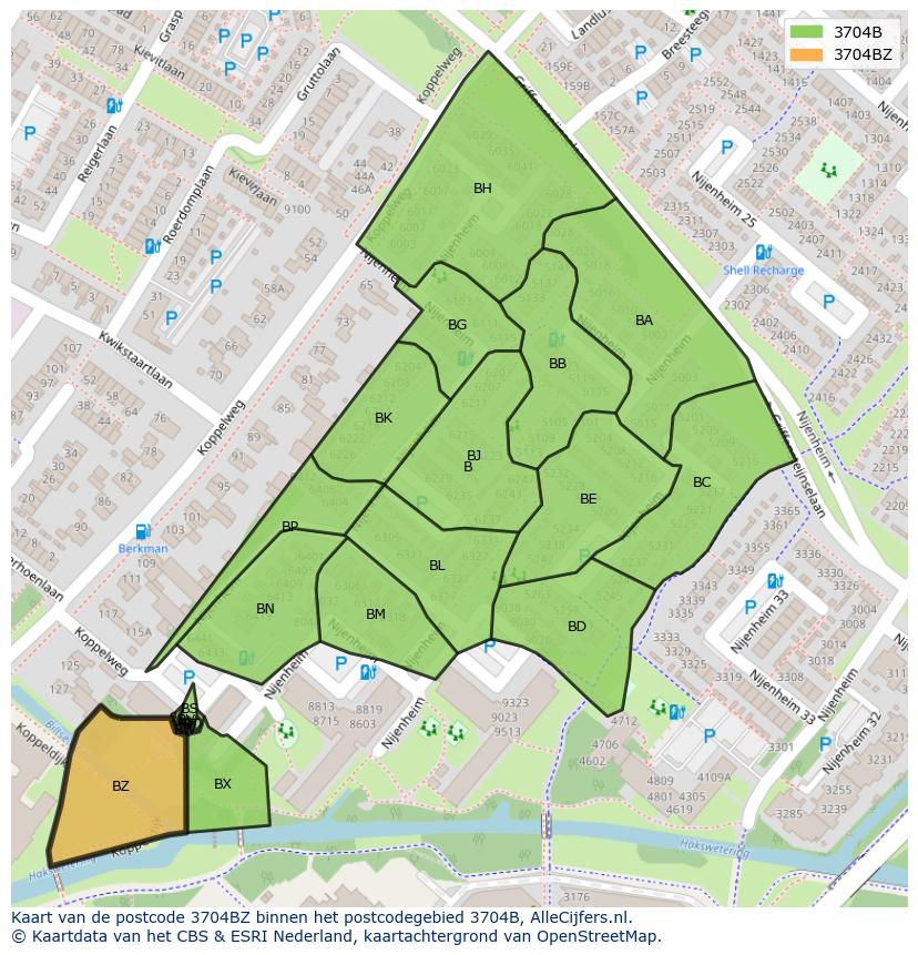 Afbeelding van het postcodegebied 3704 BZ op de kaart.