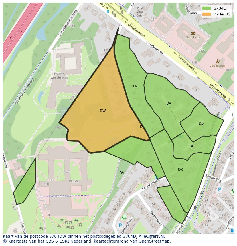 Afbeelding van het postcodegebied 3704 DW op de kaart.