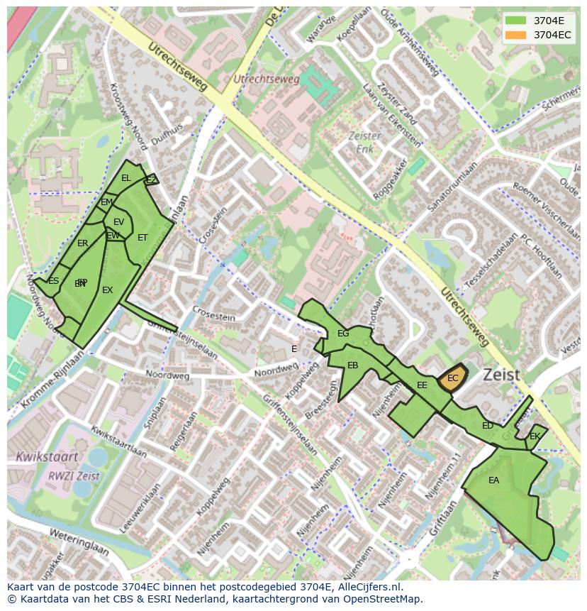 Afbeelding van het postcodegebied 3704 EC op de kaart.