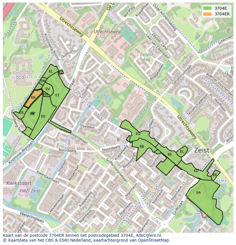 Afbeelding van het postcodegebied 3704 ER op de kaart.