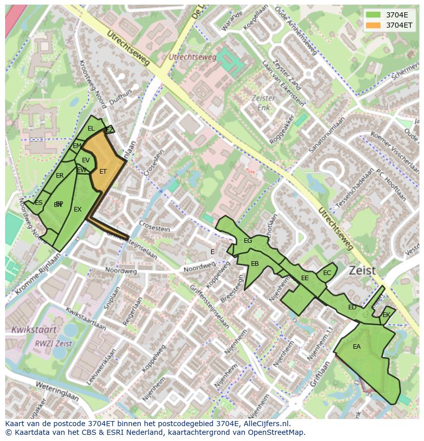Afbeelding van het postcodegebied 3704 ET op de kaart.
