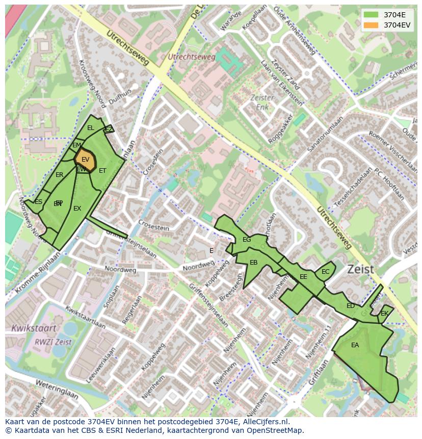 Afbeelding van het postcodegebied 3704 EV op de kaart.
