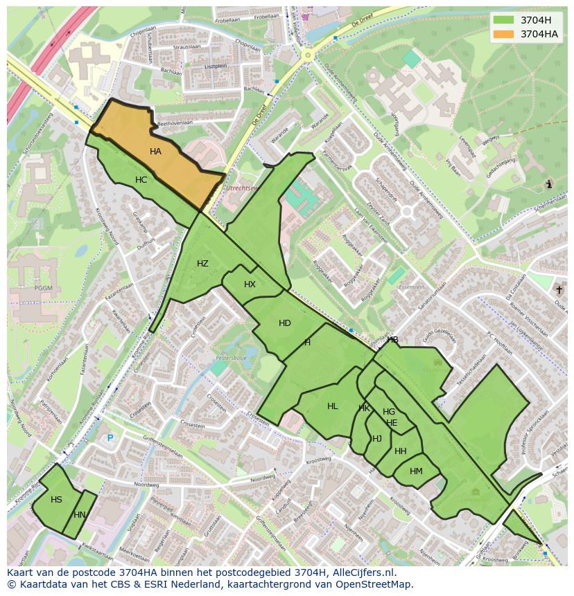 Afbeelding van het postcodegebied 3704 HA op de kaart.