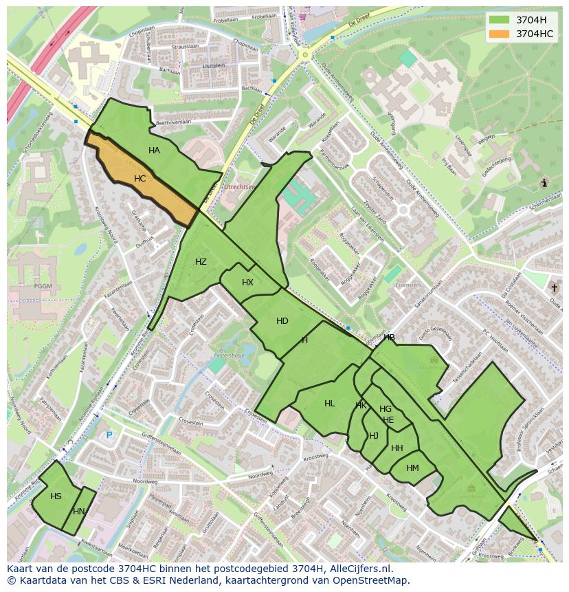 Afbeelding van het postcodegebied 3704 HC op de kaart.
