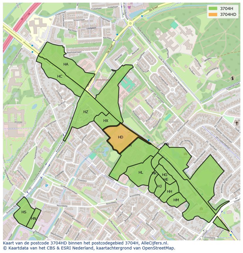 Afbeelding van het postcodegebied 3704 HD op de kaart.