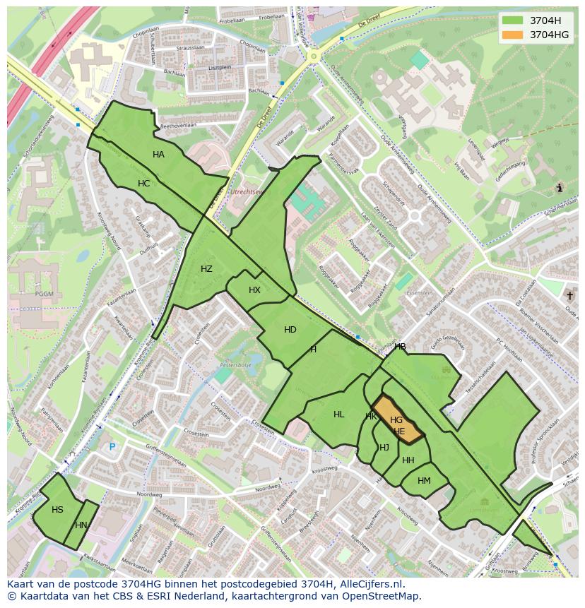 Afbeelding van het postcodegebied 3704 HG op de kaart.