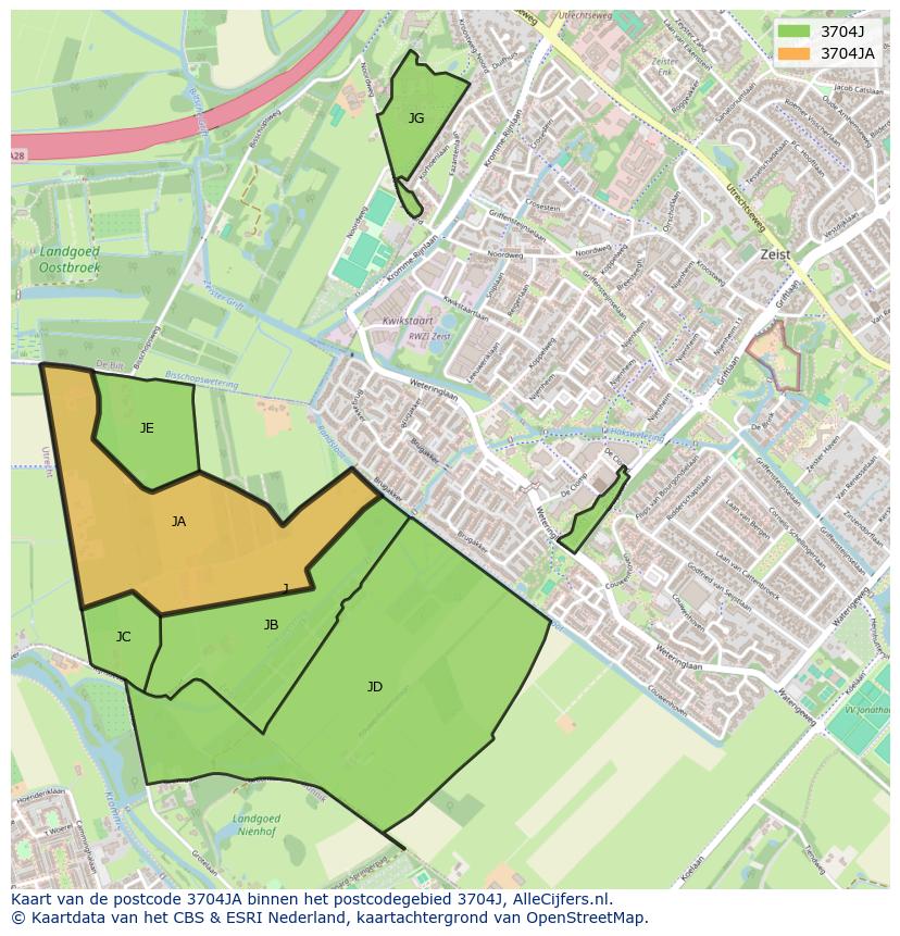 Afbeelding van het postcodegebied 3704 JA op de kaart.