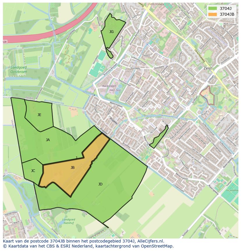 Afbeelding van het postcodegebied 3704 JB op de kaart.