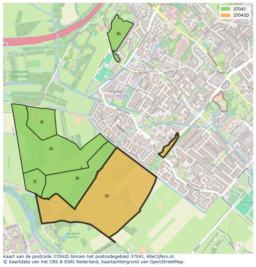 Afbeelding van het postcodegebied 3704 JD op de kaart.