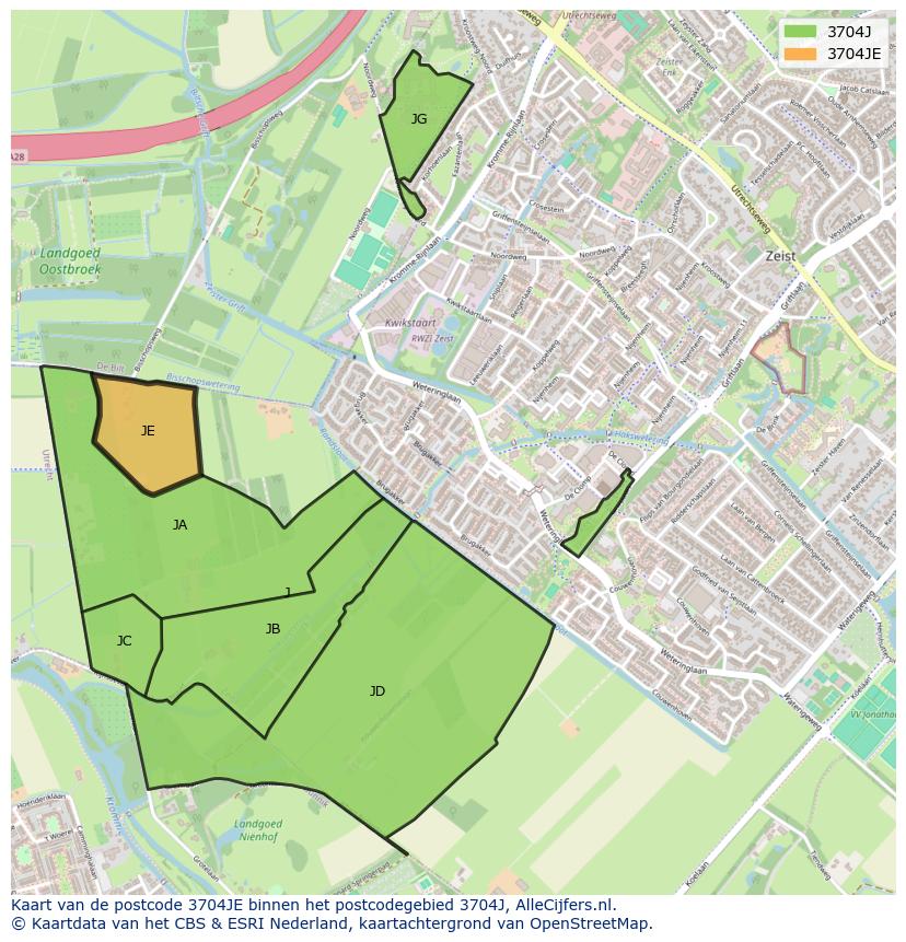 Afbeelding van het postcodegebied 3704 JE op de kaart.