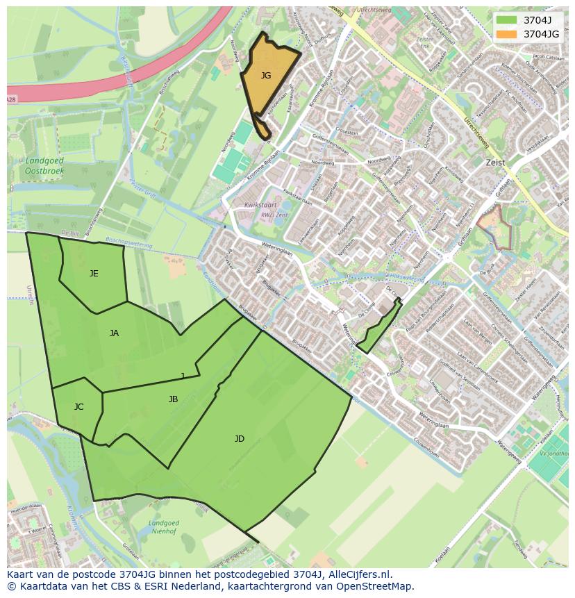 Afbeelding van het postcodegebied 3704 JG op de kaart.