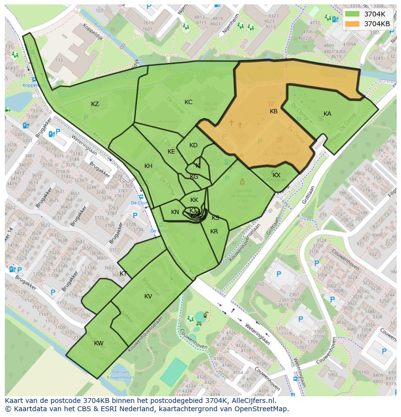Afbeelding van het postcodegebied 3704 KB op de kaart.