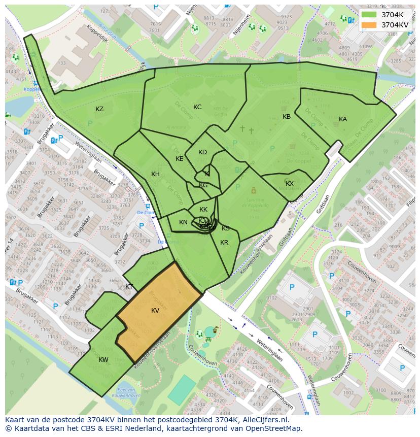 Afbeelding van het postcodegebied 3704 KV op de kaart.