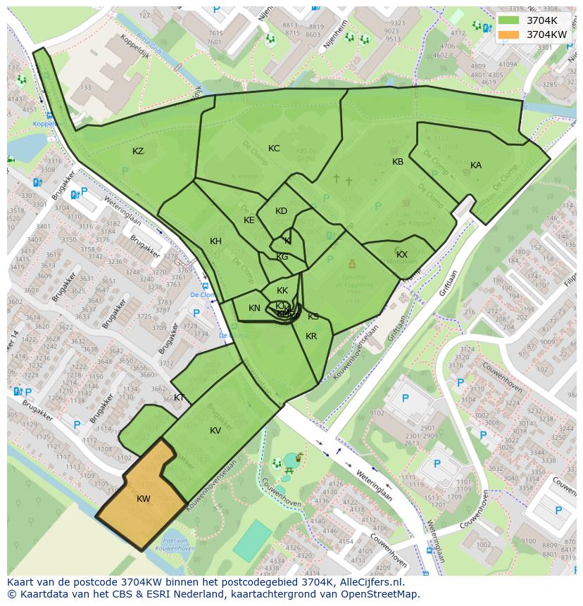 Afbeelding van het postcodegebied 3704 KW op de kaart.