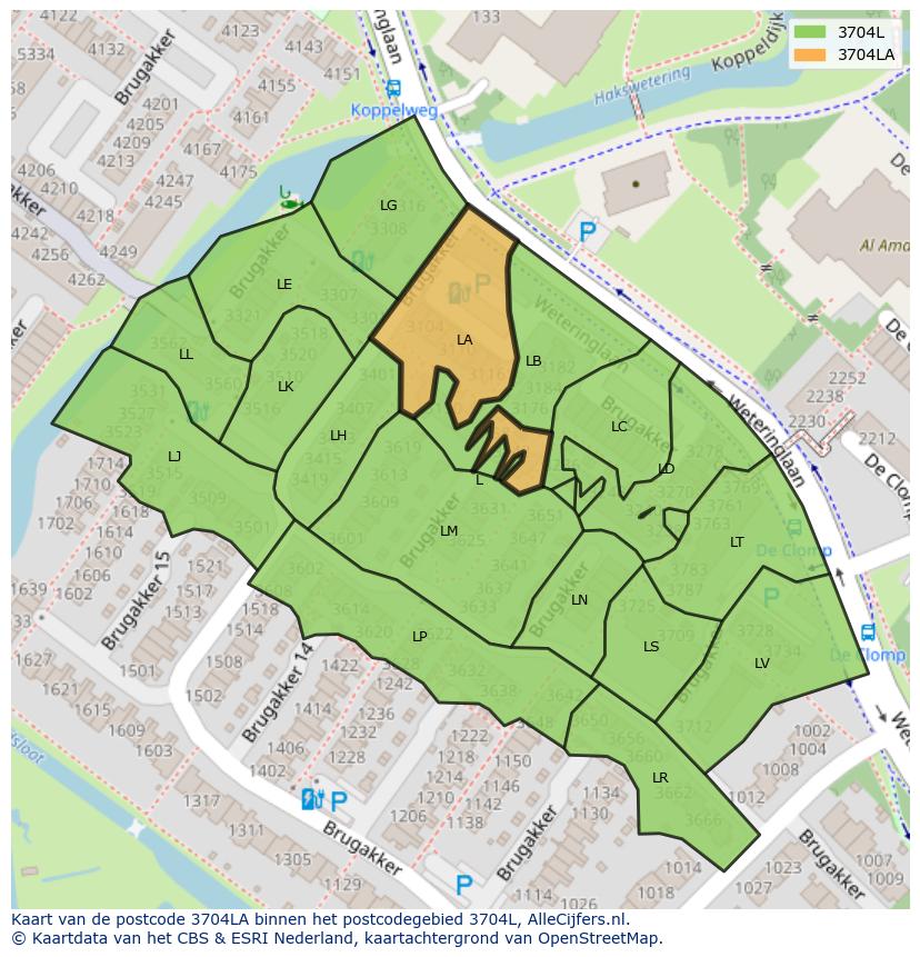 Afbeelding van het postcodegebied 3704 LA op de kaart.