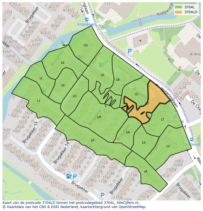 Afbeelding van het postcodegebied 3704 LD op de kaart.