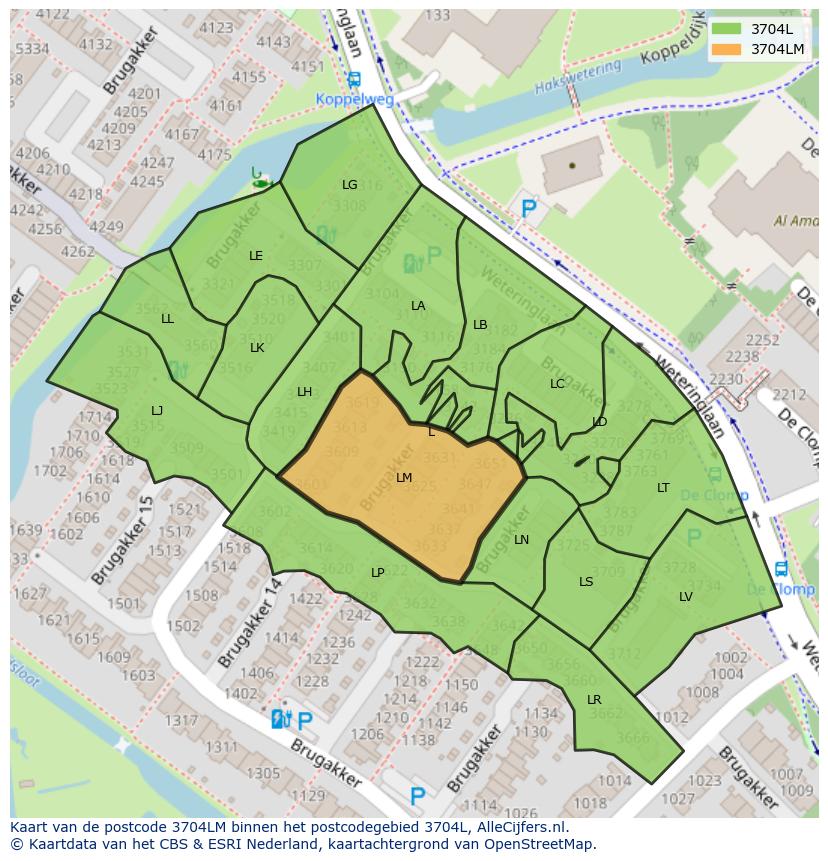 Afbeelding van het postcodegebied 3704 LM op de kaart.