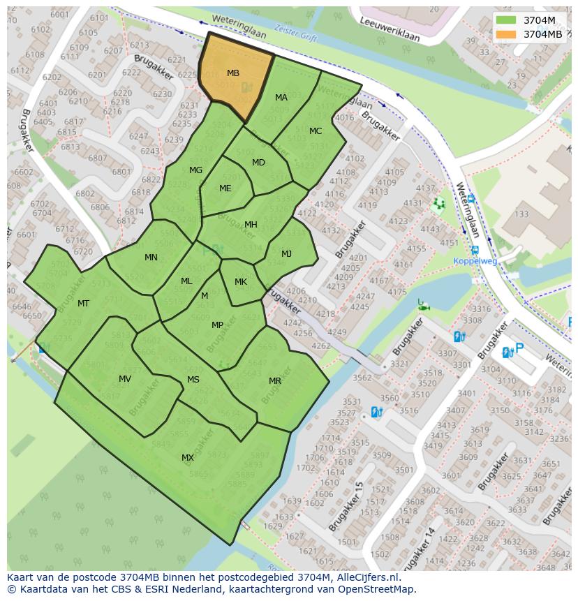 Afbeelding van het postcodegebied 3704 MB op de kaart.