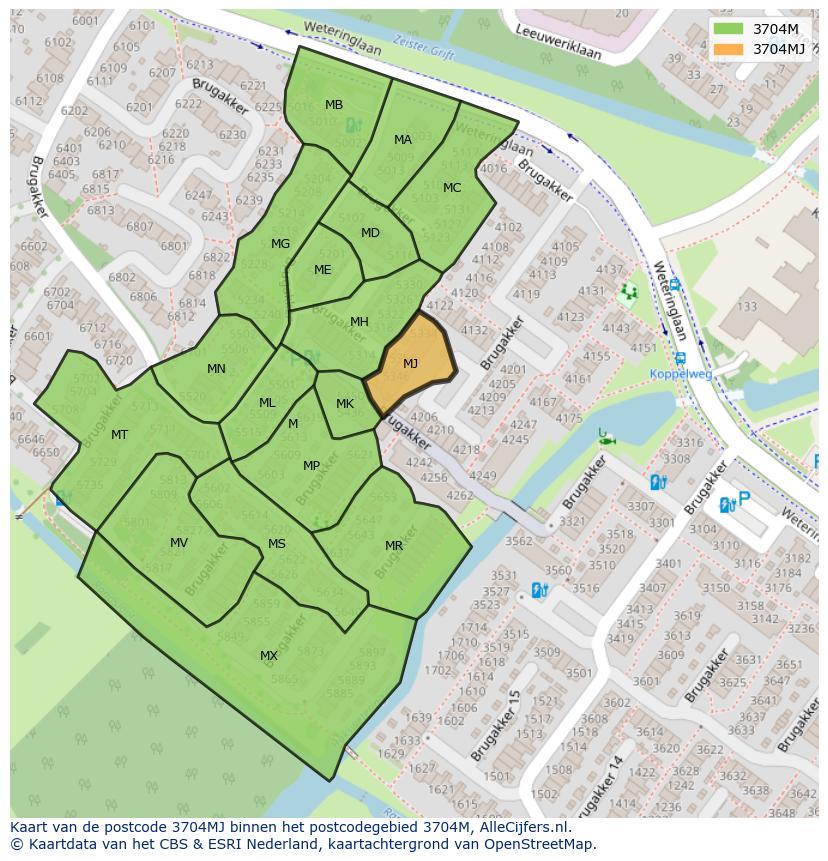 Afbeelding van het postcodegebied 3704 MJ op de kaart.