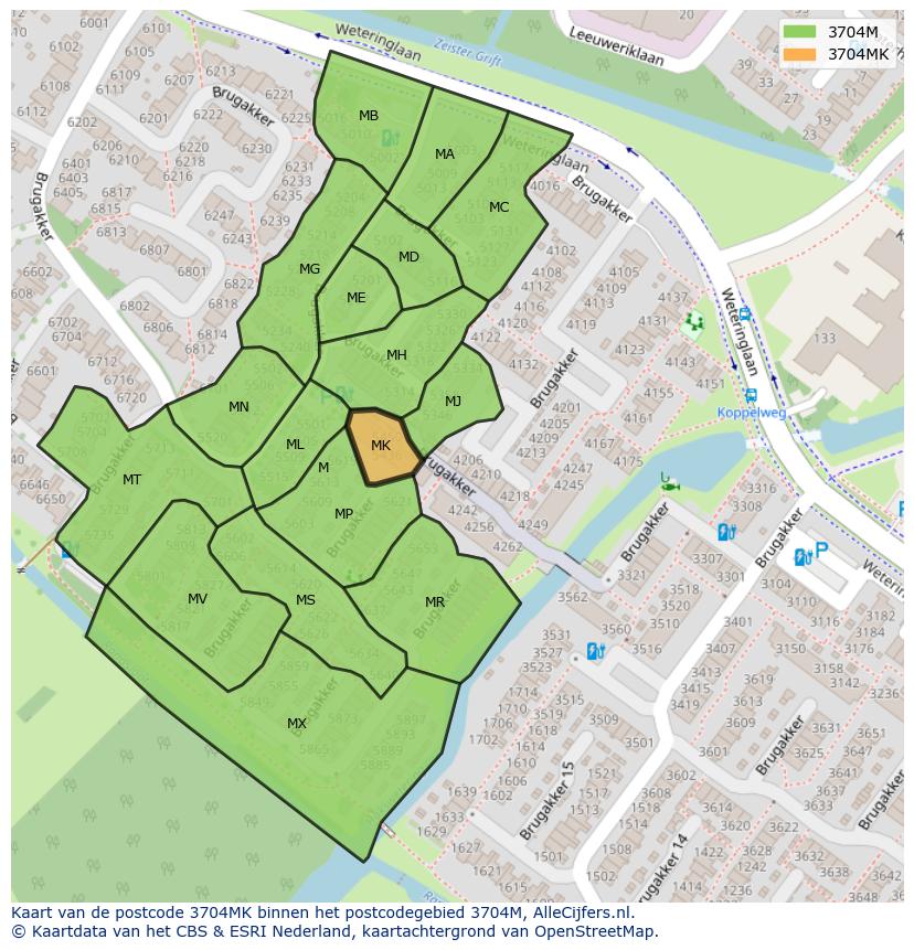 Afbeelding van het postcodegebied 3704 MK op de kaart.