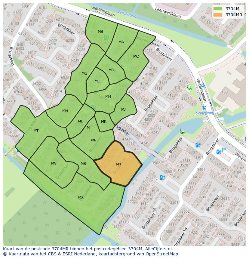 Afbeelding van het postcodegebied 3704 MR op de kaart.