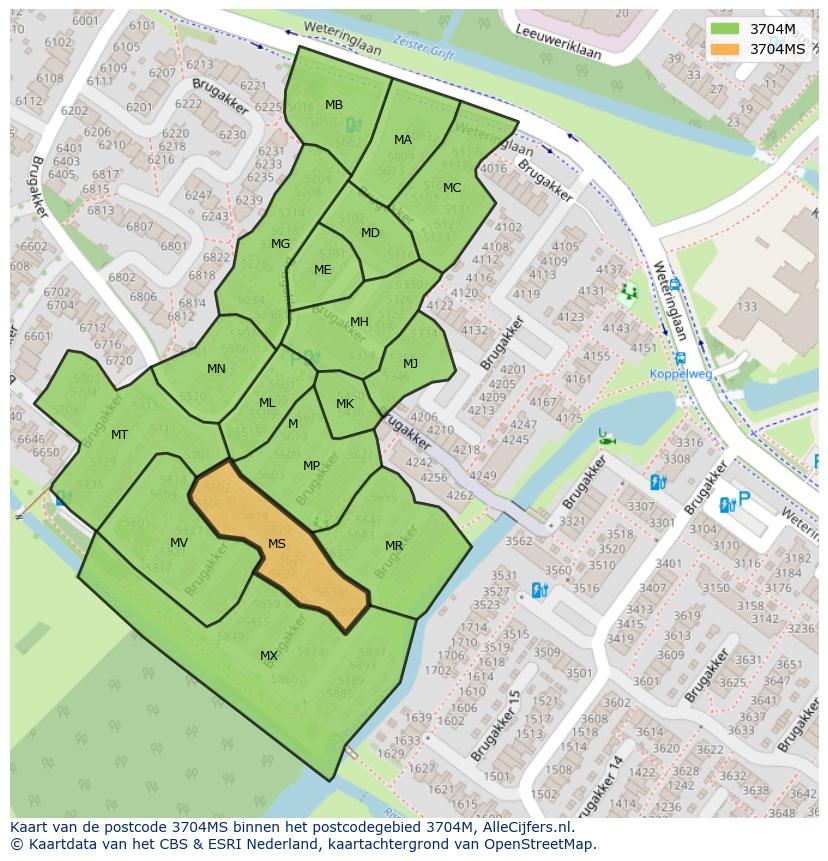 Afbeelding van het postcodegebied 3704 MS op de kaart.