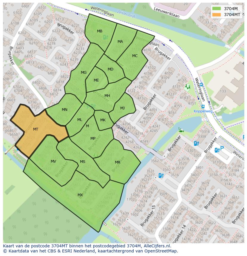 Afbeelding van het postcodegebied 3704 MT op de kaart.