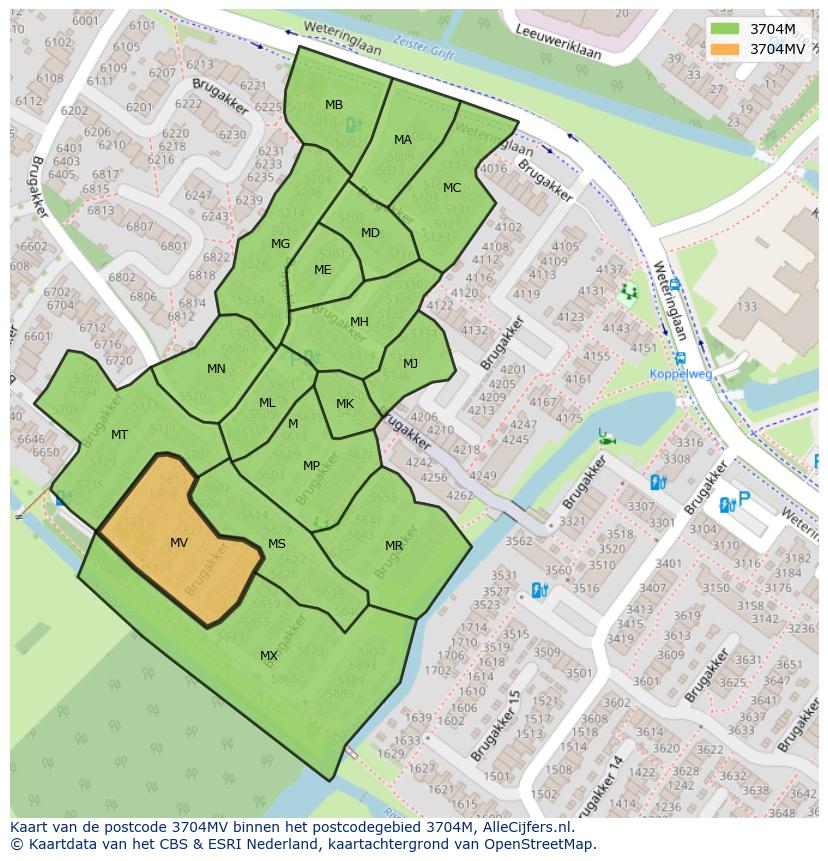 Afbeelding van het postcodegebied 3704 MV op de kaart.