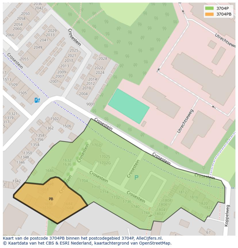 Afbeelding van het postcodegebied 3704 PB op de kaart.